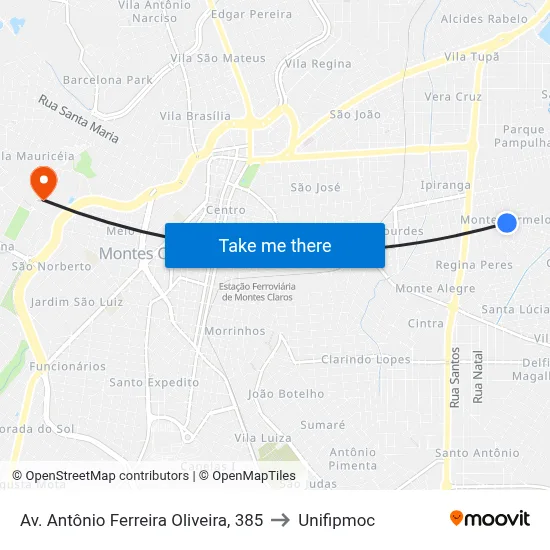 Av. Antônio Ferreira Oliveira, 385 to Unifipmoc map