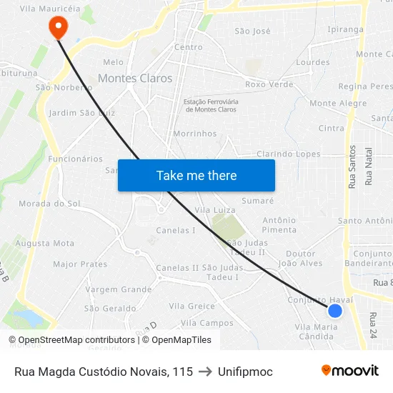 Rua Magda Custódio Novais, 115 to Unifipmoc map