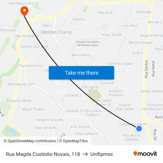Rua Magda Custódio Novais, 118 to Unifipmoc map