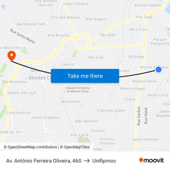 Av. Antônio Ferreira Oliveira, 460 to Unifipmoc map