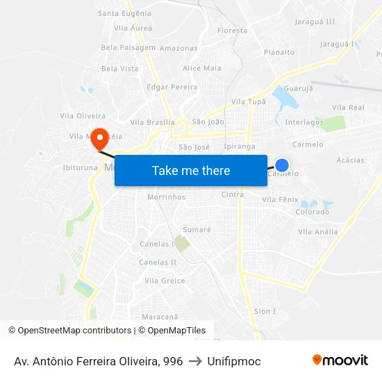 Av. Antônio Ferreira Oliveira, 996 to Unifipmoc map