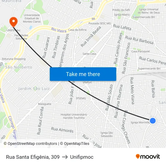 Rua Santa Efigênia, 309 to Unifipmoc map