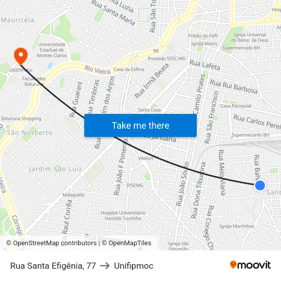 Rua Santa Efigênia, 77 to Unifipmoc map