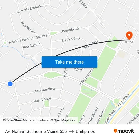 Av. Norival Guilherme Vieira, 655 to Unifipmoc map