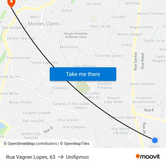 Rua Vagner Lopes, 63 to Unifipmoc map