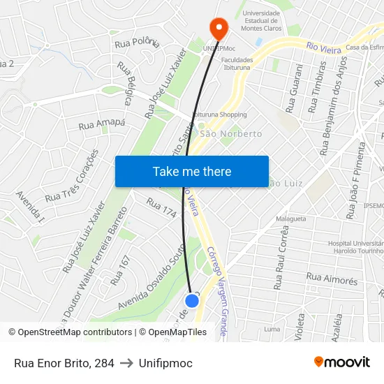 Rua Enor Brito, 284 to Unifipmoc map