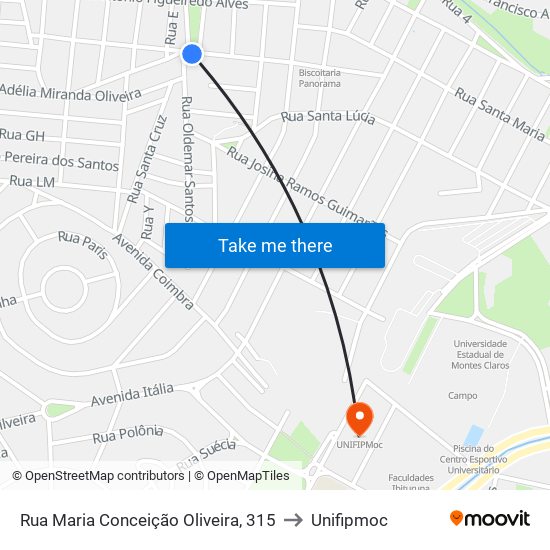 Rua Maria Conceição Oliveira, 315 to Unifipmoc map