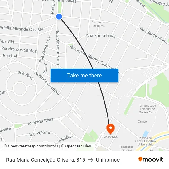 Rua Maria Conceição Oliveira, 315 to Unifipmoc map