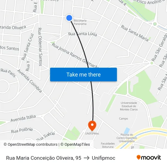 Rua Maria Conceição Oliveira, 95 to Unifipmoc map