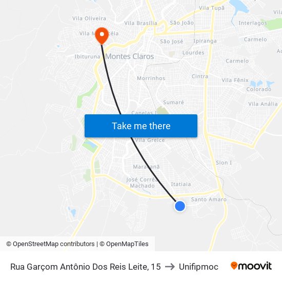 Rua Garçom Antônio Dos Reis Leite, 15 to Unifipmoc map