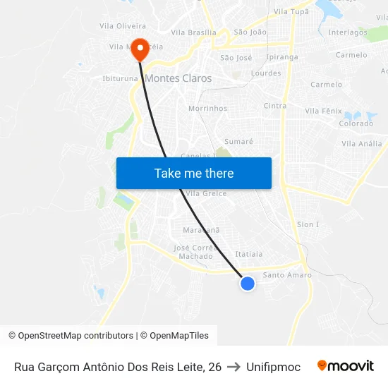 Rua Garçom Antônio Dos Reis Leite, 26 to Unifipmoc map