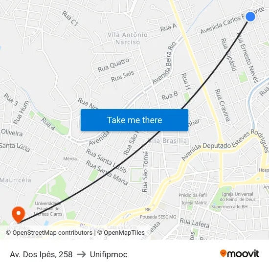 Av. Dos Ipês, 258 to Unifipmoc map