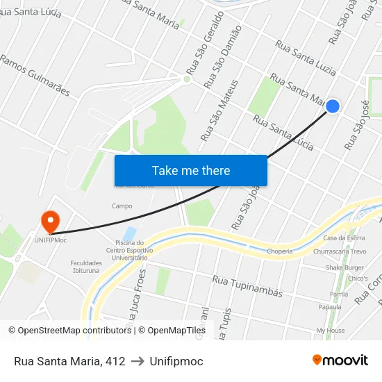 Rua Santa Maria, 412 to Unifipmoc map