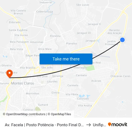 Av. Facela | Posto Potência - Ponto Final Do Jardim Primavera to Unifipmoc map