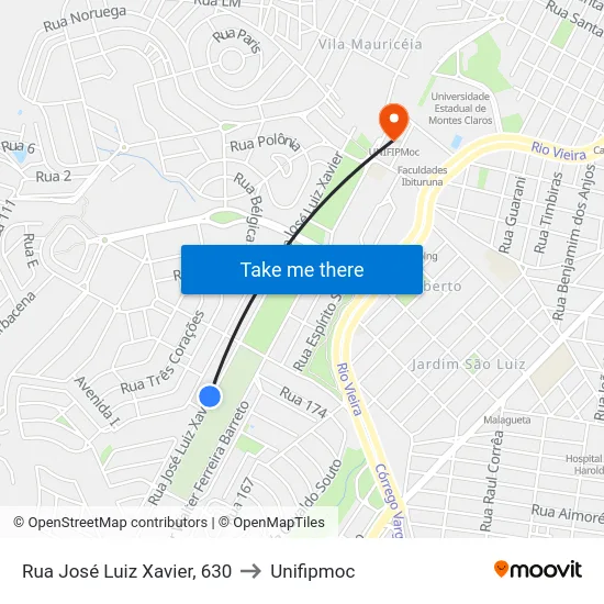 Rua José Luiz Xavier, 630 to Unifipmoc map