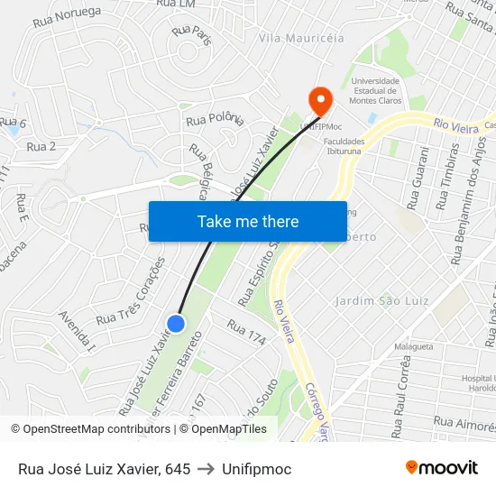 Rua José Luiz Xavier, 645 to Unifipmoc map