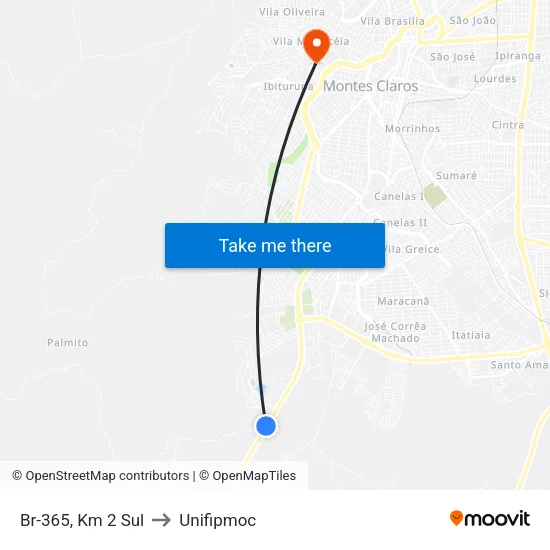 Br-365, Km 2 Sul to Unifipmoc map