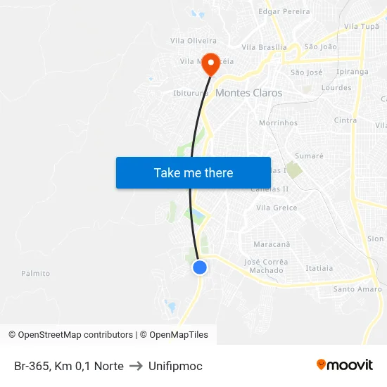 Br-365, Km 0,1 Norte to Unifipmoc map