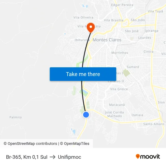 Br-365, Km 0,1 Sul to Unifipmoc map