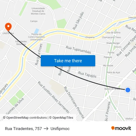 Rua Tiradentes, 757 to Unifipmoc map