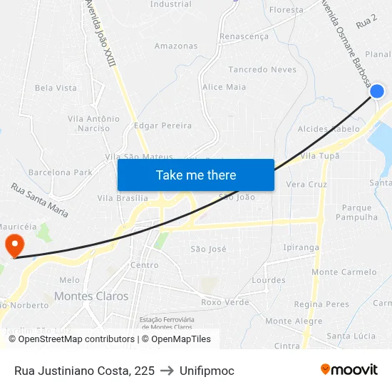 Rua Justiniano Costa, 225 to Unifipmoc map
