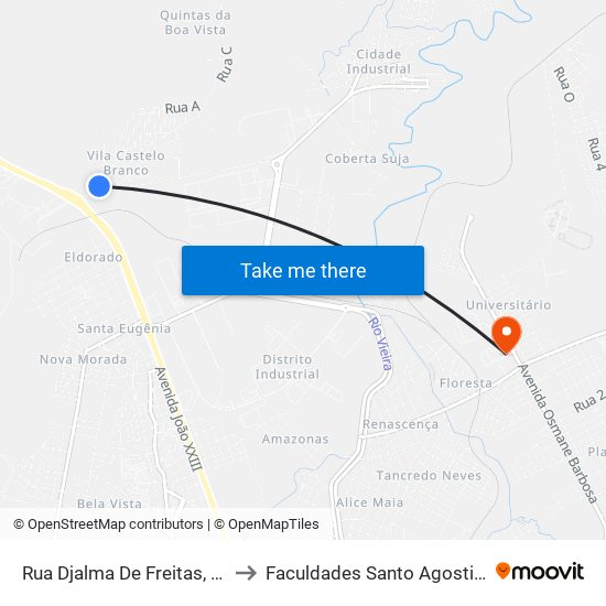 Rua Djalma De Freitas, 219 to Faculdades Santo Agostinho map