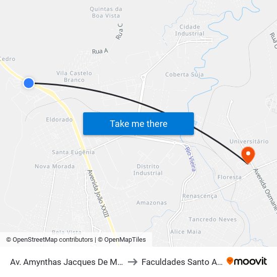 Av. Amynthas Jacques De Moraes, 5001 to Faculdades Santo Agostinho map