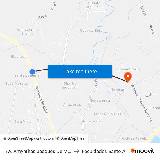 Av. Amynthas Jacques De Moraes, 3480 to Faculdades Santo Agostinho map