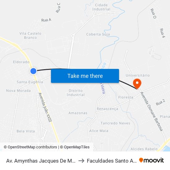 Av. Amynthas Jacques De Moraes, 3690 to Faculdades Santo Agostinho map