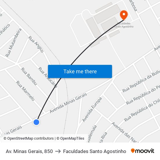 Av. Minas Gerais, 850 to Faculdades Santo Agostinho map