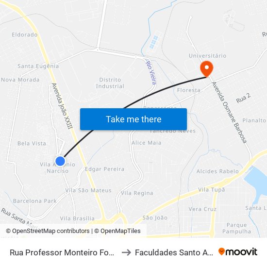 Rua Professor Monteiro Fonseca, 1425 to Faculdades Santo Agostinho map