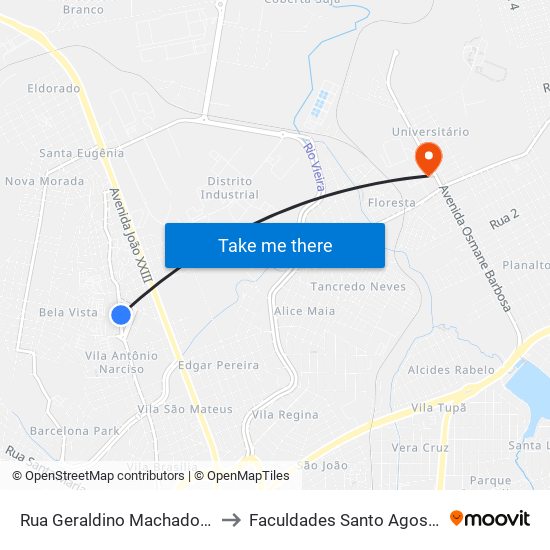 Rua Geraldino Machado, 240 to Faculdades Santo Agostinho map