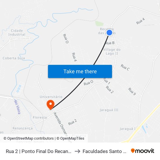 Rua 2 | Ponto Final Do Recanto Das Águas to Faculdades Santo Agostinho map