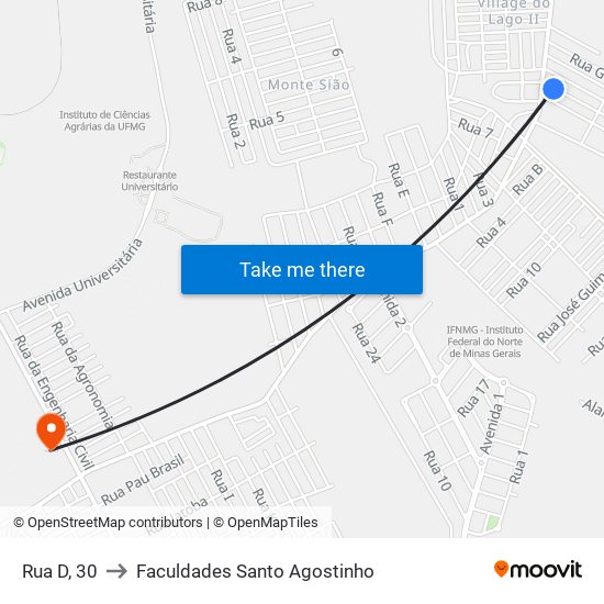 Rua D, 30 to Faculdades Santo Agostinho map