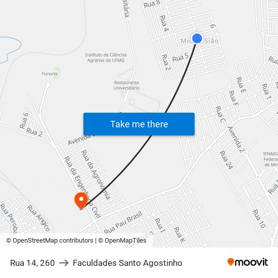 Rua 14, 260 to Faculdades Santo Agostinho map