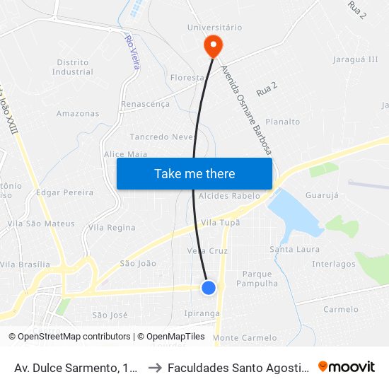 Av. Dulce Sarmento, 1596 to Faculdades Santo Agostinho map