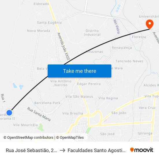Rua José Sebastião, 211 to Faculdades Santo Agostinho map