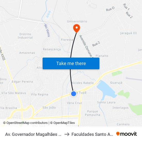 Av. Governador Magalhães Pinto, 1942 to Faculdades Santo Agostinho map