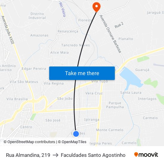 Rua Almandina, 219 to Faculdades Santo Agostinho map