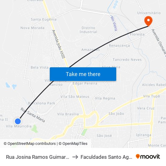 Rua Josina Ramos Guimarães, 261 to Faculdades Santo Agostinho map