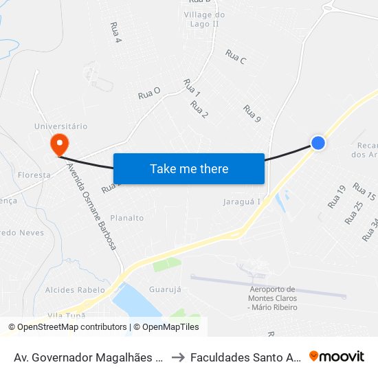 Av. Governador Magalhães Pinto, 6355 to Faculdades Santo Agostinho map