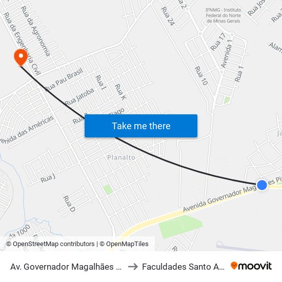 Av. Governador Magalhães Pinto, 4225 to Faculdades Santo Agostinho map