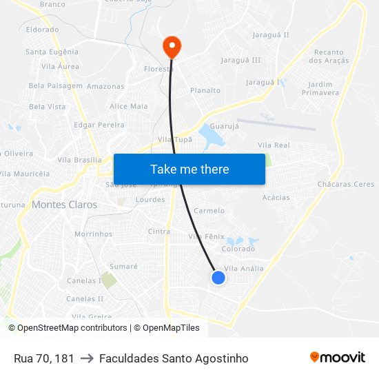 Rua 70, 181 to Faculdades Santo Agostinho map