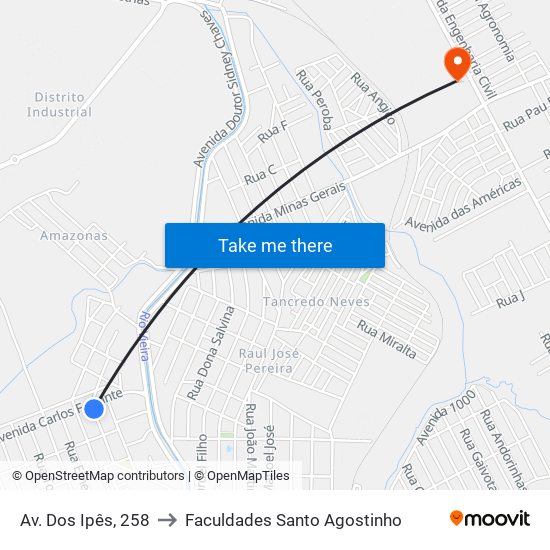 Av. Dos Ipês, 258 to Faculdades Santo Agostinho map