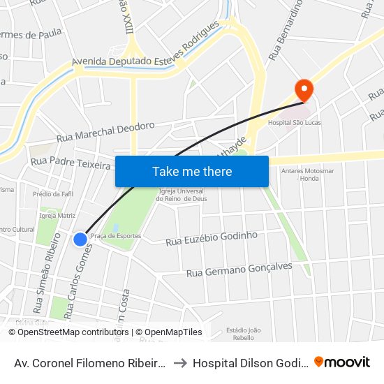 Av. Coronel Filomeno Ribeiro, 19 to Hospital Dilson Godinho map