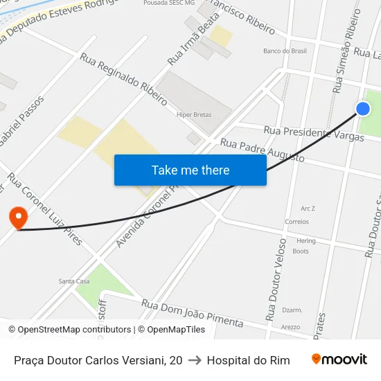 Praça Doutor Carlos Versiani, 20 to Hospital do Rim map