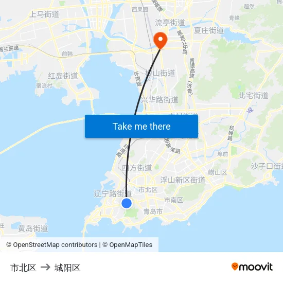 市北区 to 城阳区 map