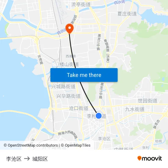 李沧区 to 城阳区 map