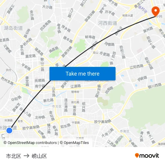 市北区 to 崂山区 map