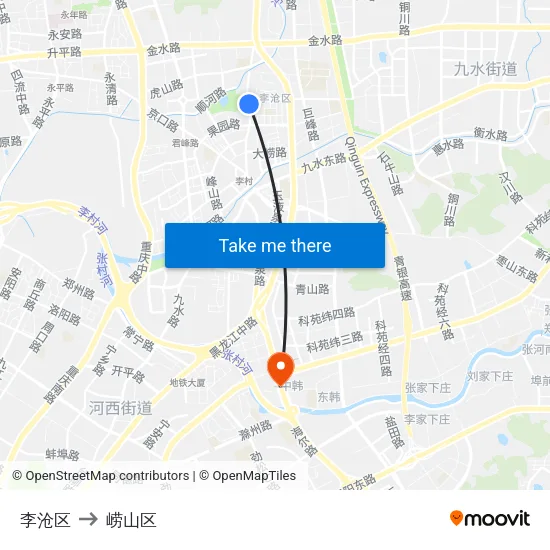 李沧区 to 崂山区 map